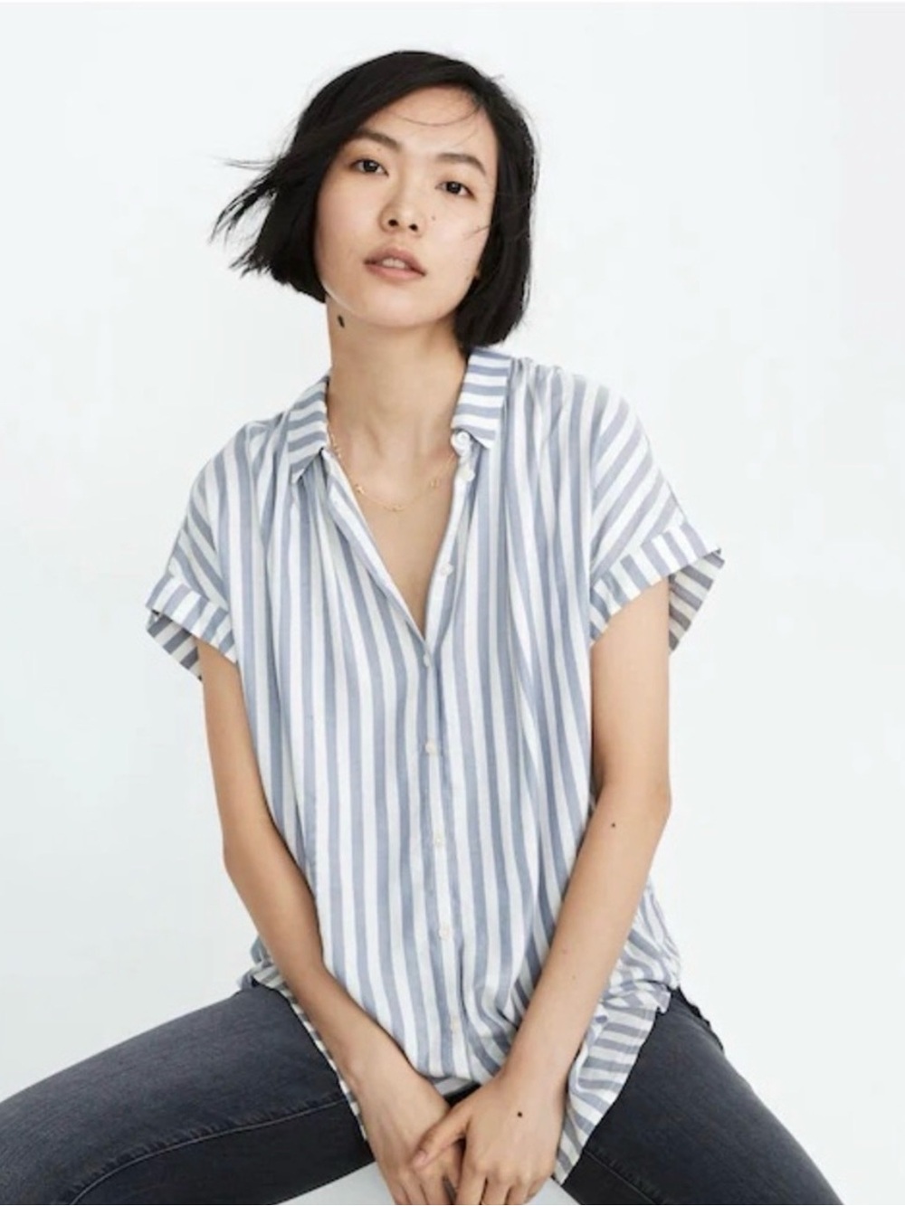Madewell Gray and White Vertical Stripe Rolled-Sleeve Button-Down